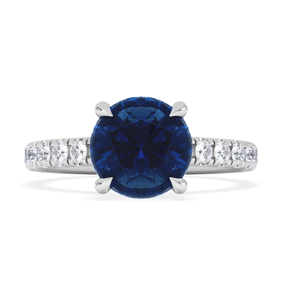 Amora Gem 2.00ct Round Cut Lab Sapphire Hidden Halo Engagement Ring with Side Stones in 18K White Gold