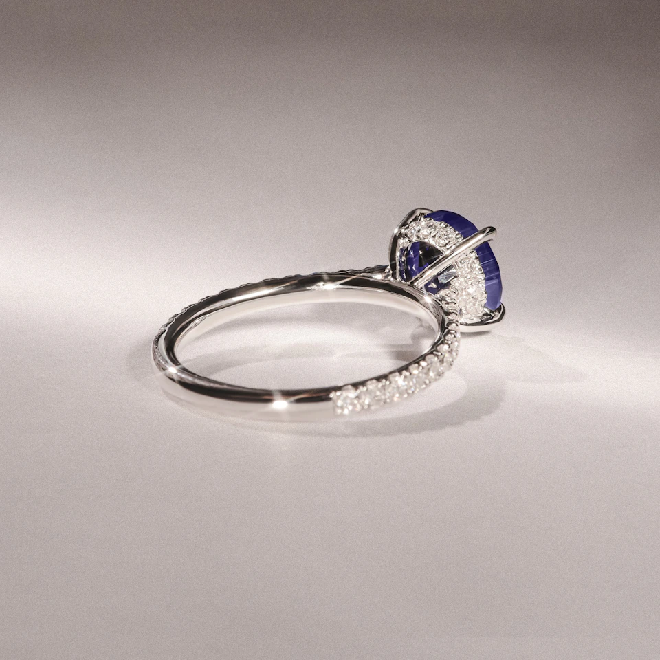 Amora Gem 2.00ct Round Cut Lab Sapphire Hidden Halo Engagement Ring with Side Stones in 18K White Gold
