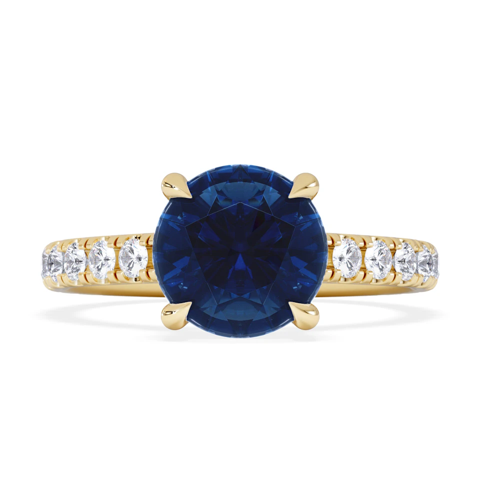 Amora Gem 2.00ct Round Cut Lab Sapphire Hidden Halo Engagement Ring in with Side Stones 18K Yellow Gold