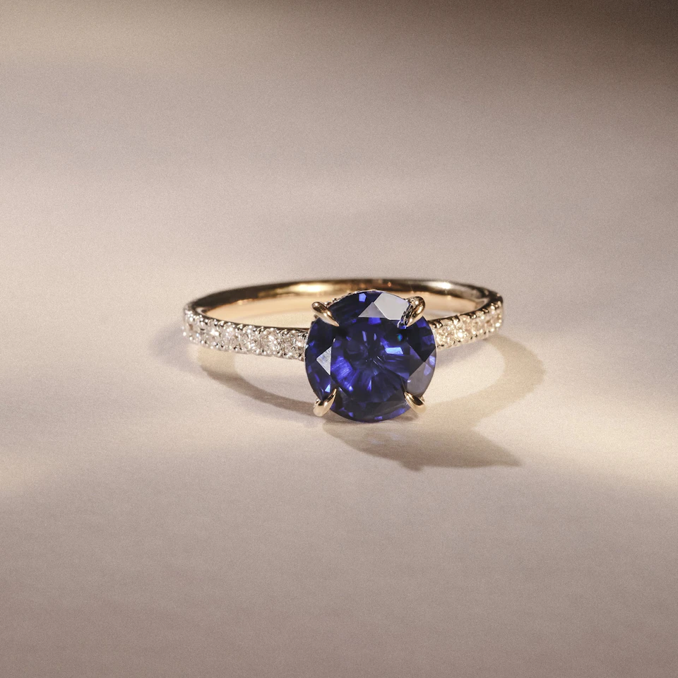 Amora Gem 2.00ct Round Cut Lab Sapphire Hidden Halo Engagement Ring in with Side Stones 18K Yellow Gold