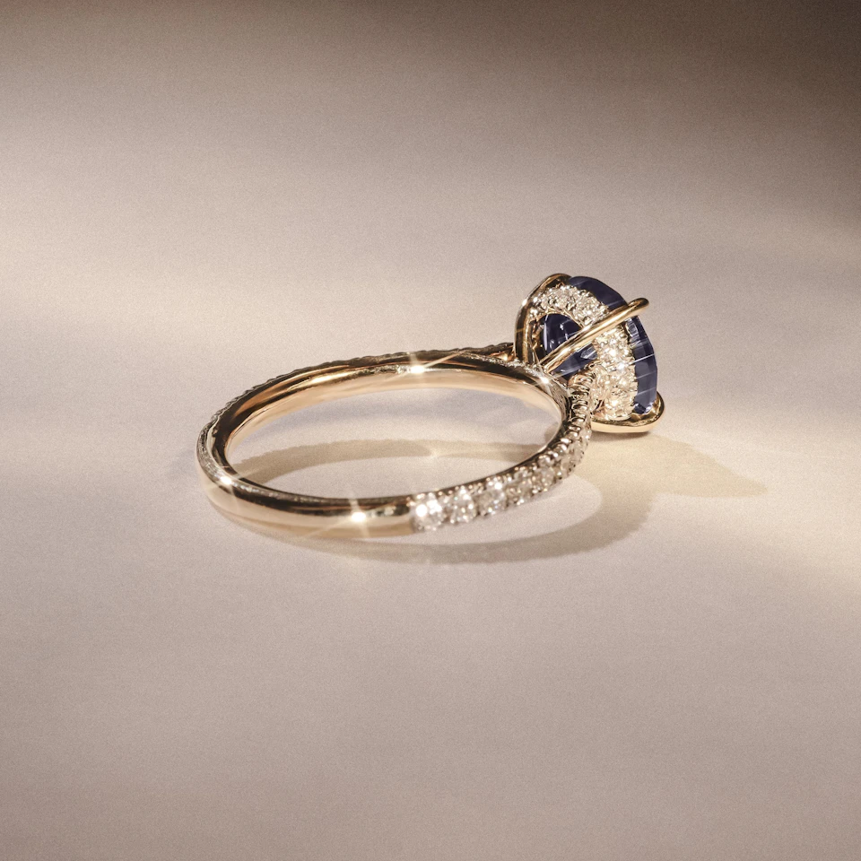 Amora Gem 2.00ct Round Cut Lab Sapphire Hidden Halo Engagement Ring in with Side Stones 18K Yellow Gold