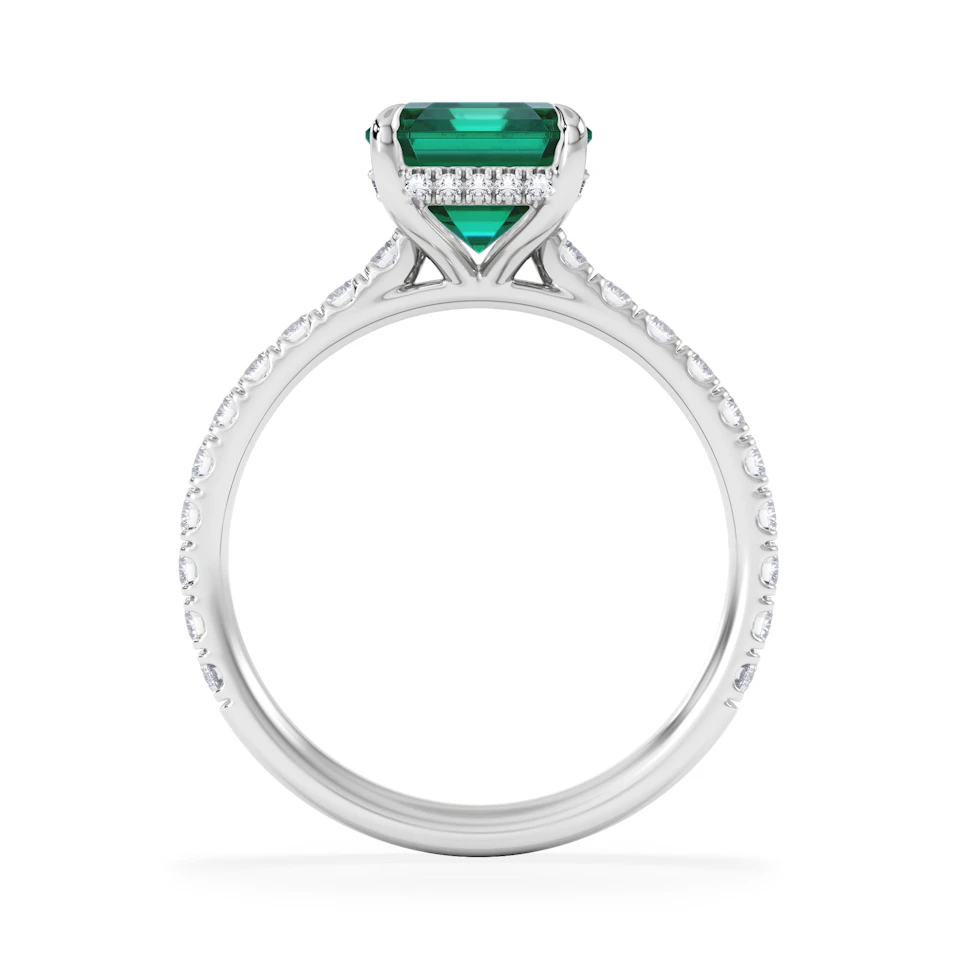 Amora Gem 2.50ct Emerald Cut Lab Emerald Hidden Halo Engagement Ring with Side Stones in 18K White Gold