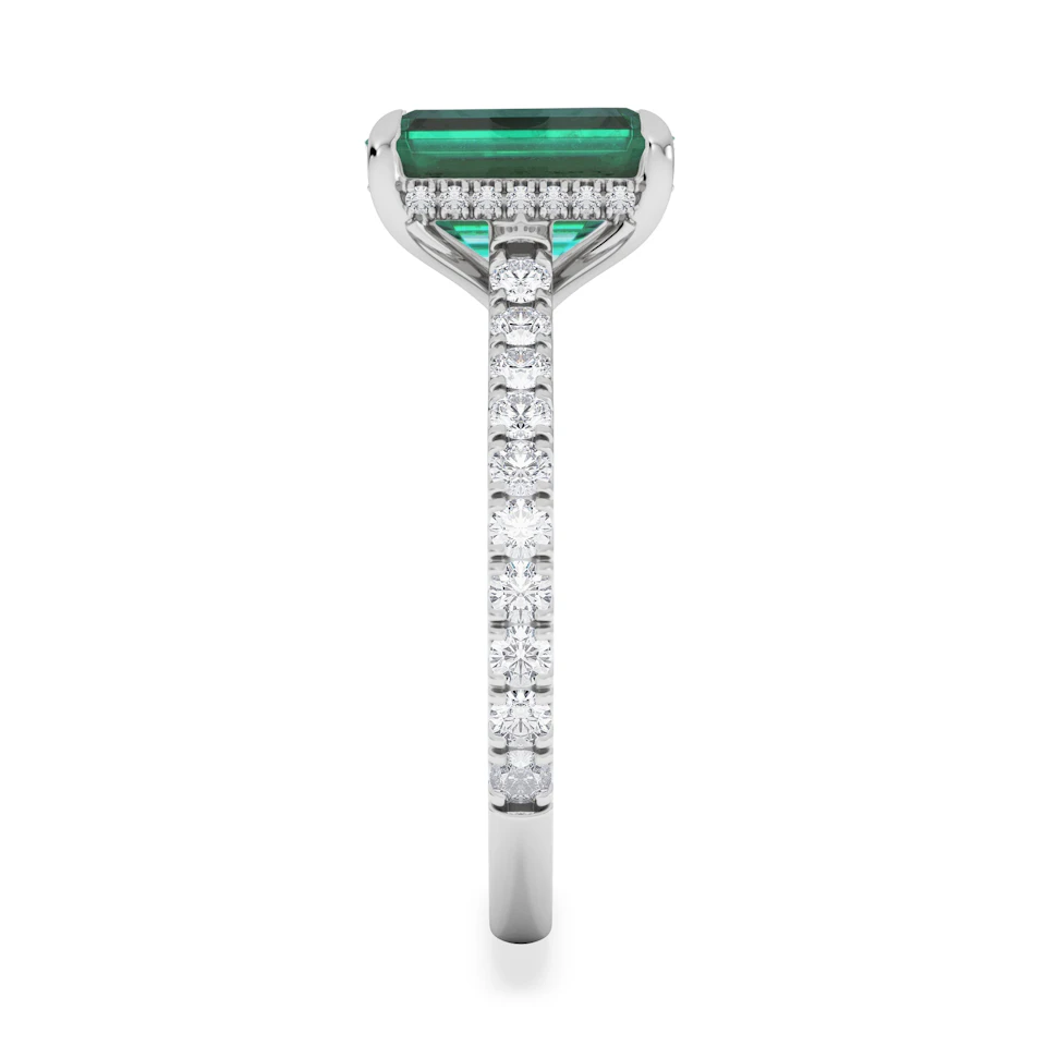 Amora Gem 2.50ct Emerald Cut Lab Emerald Hidden Halo Engagement Ring with Side Stones in 18K White Gold