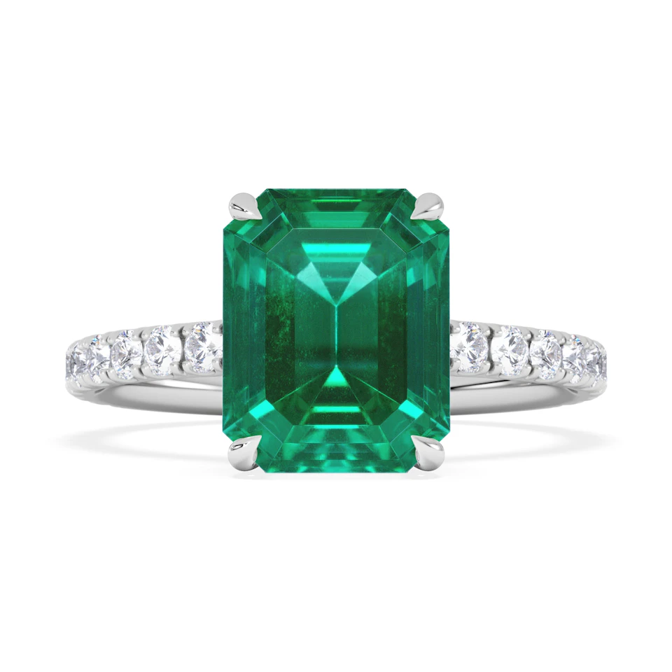 Amora Gem 2.50ct Emerald Cut Lab Emerald Hidden Halo Engagement Ring with Side Stones in 18K White Gold