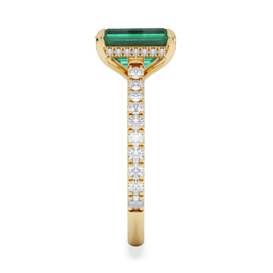 Amora Gem 2.00ct Emerald Cut Lab Emerald Hidden Halo Engagement Ring with Side Stones in 18K Yellow Gold