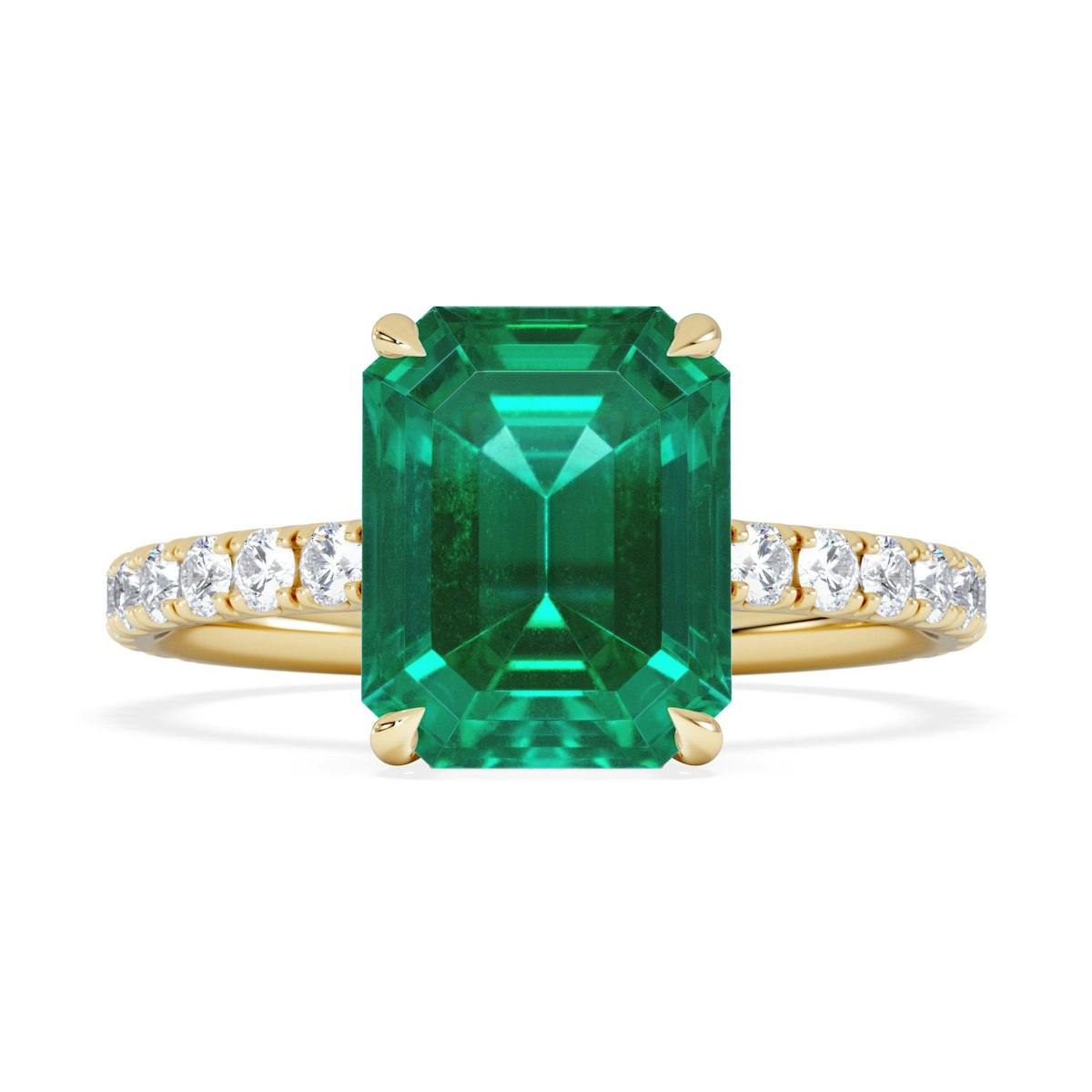 Amora Gem 2.00ct Emerald Cut Lab Emerald Hidden Halo Engagement Ring with Side Stones in 18K Yellow Gold