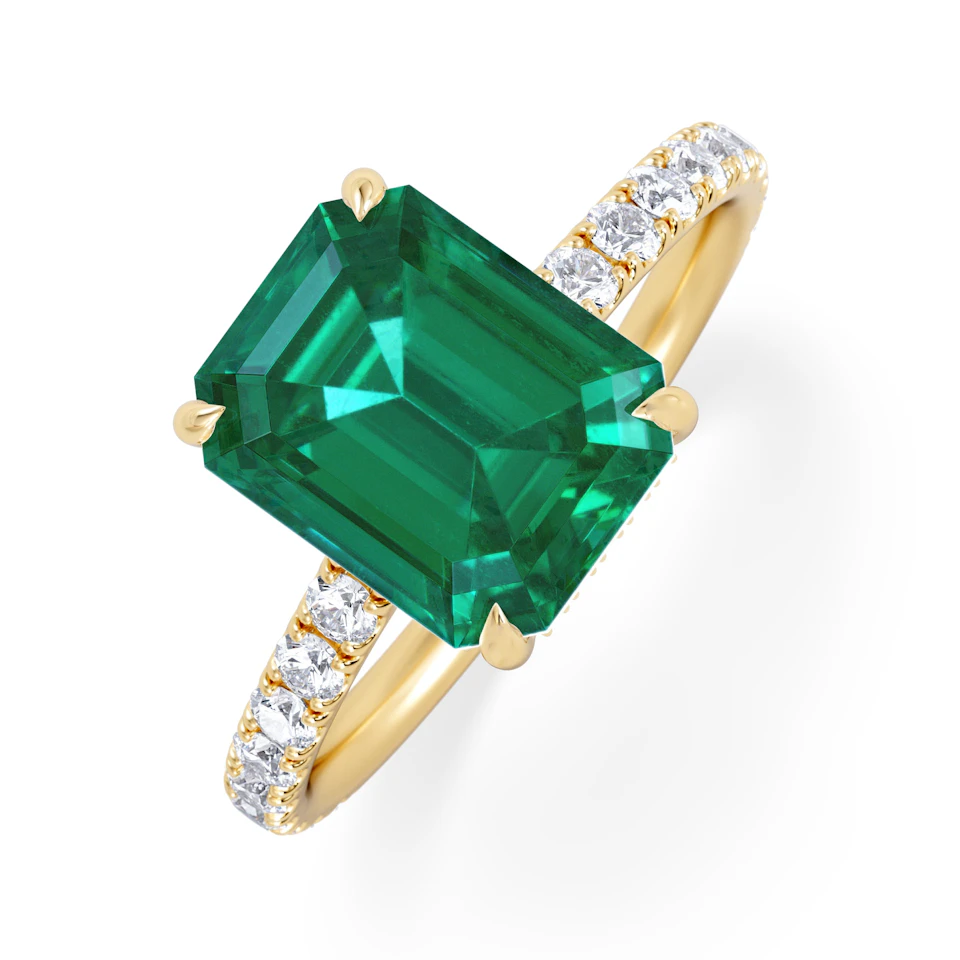 Amora Gem 2.00ct Emerald Cut Lab Emerald Hidden Halo Engagement Ring with Side Stones in 18K Yellow Gold