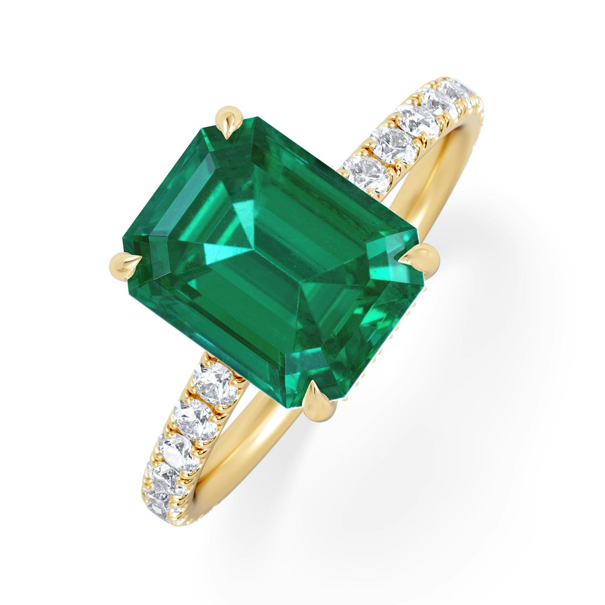 Amora Gem 2.00ct Emerald Cut Lab Emerald Hidden Halo Engagement Ring with Side Stones in 18K Yellow Gold