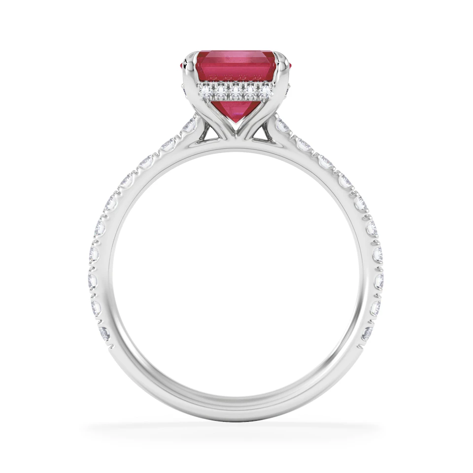 Amora Gem 2.50ct Emerald Cut Lab Ruby Hidden Halo Engagement Ring with Side Stones in 18K White Gold