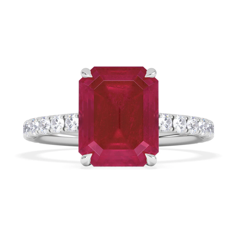 Amora Gem 2.50ct Emerald Cut Lab Ruby Hidden Halo Engagement Ring with Side Stones in 18K White Gold