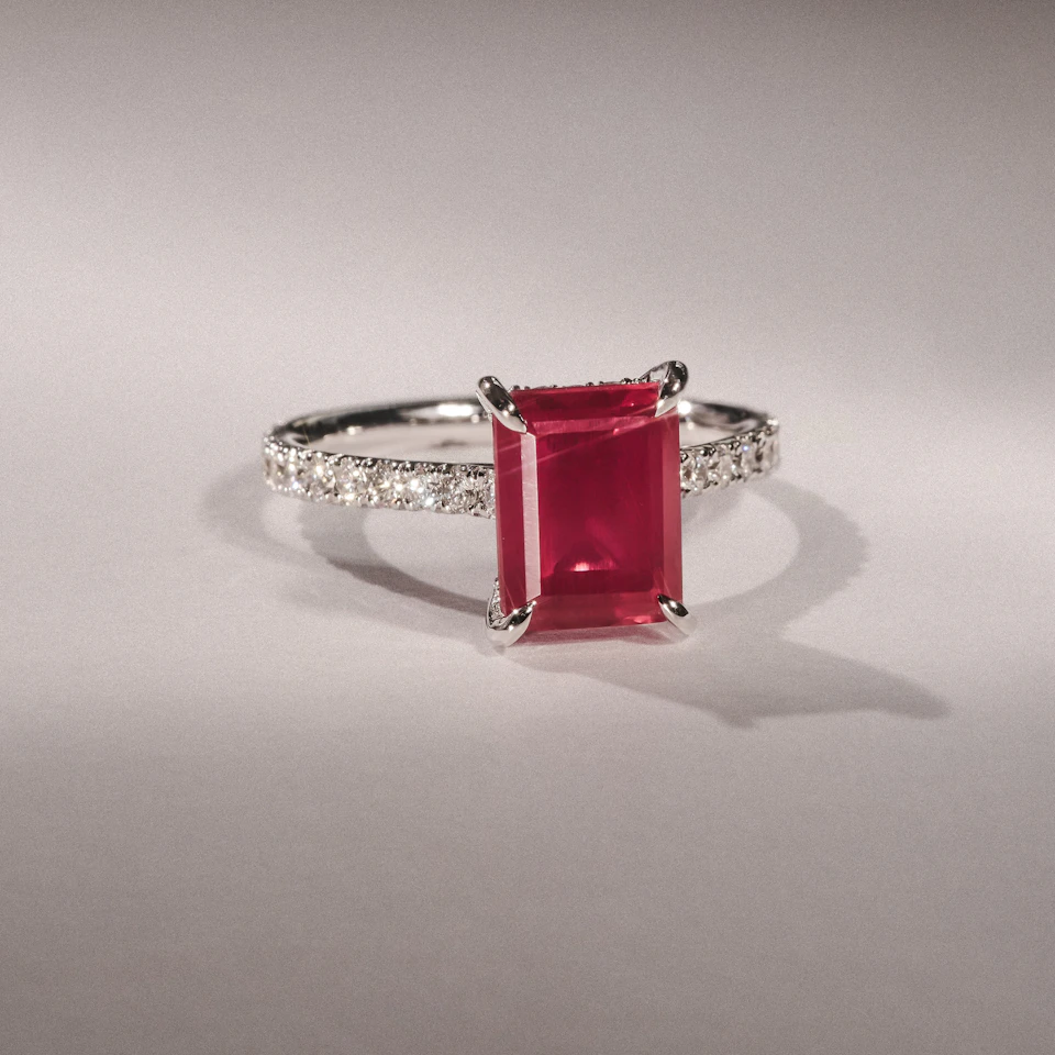 Amora Gem 2.50ct Emerald Cut Lab Ruby Hidden Halo Engagement Ring with Side Stones in 18K White Gold