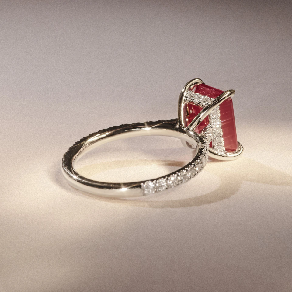 Amora Gem 2.50ct Emerald Cut Lab Ruby Hidden Halo Engagement Ring with Side Stones in 18K White Gold