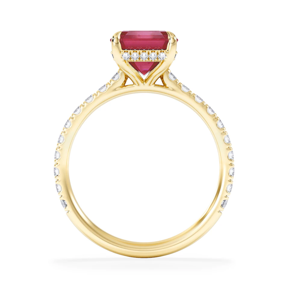 Amora Gem 2.50ct Emerald Cut Lab Ruby Hidden Halo Engagement Ring with Side Stones in 18K Yellow Gold