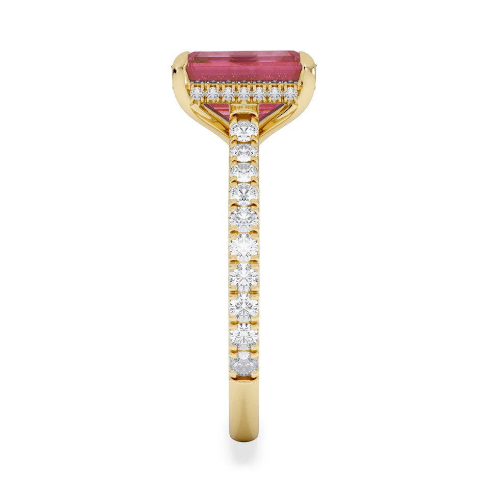 Amora Gem 2.50ct Emerald Cut Lab Ruby Hidden Halo Engagement Ring with Side Stones in 18K Yellow Gold