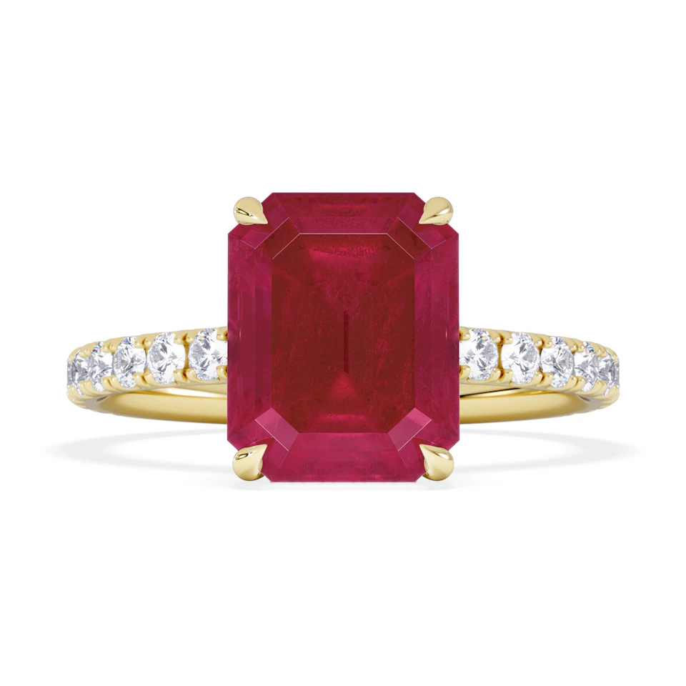 Amora Gem 2.50ct Emerald Cut Lab Ruby Hidden Halo Engagement Ring with Side Stones in 18K Yellow Gold