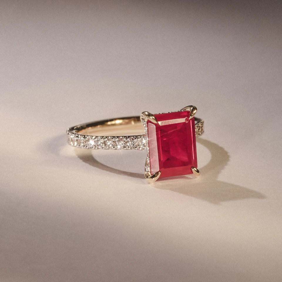 Amora Gem 2.50ct Emerald Cut Lab Ruby Hidden Halo Engagement Ring with Side Stones in 18K Yellow Gold