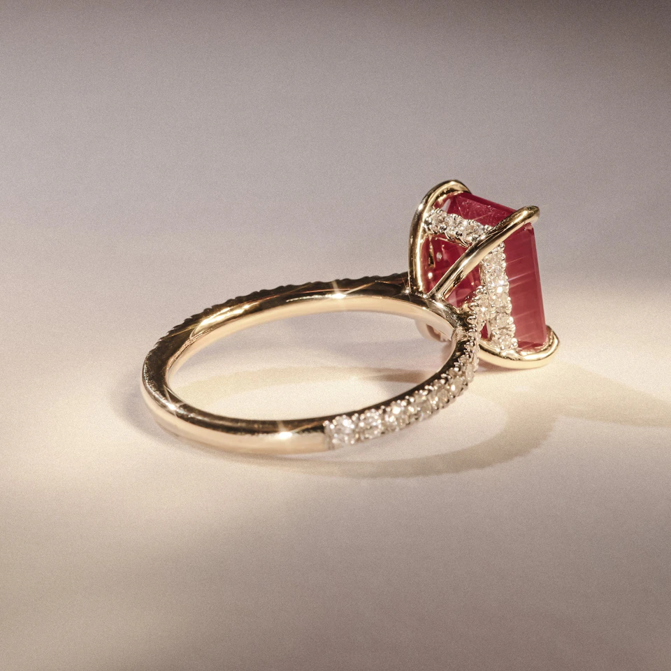 Amora Gem 2.50ct Emerald Cut Lab Ruby Hidden Halo Engagement Ring with Side Stones in 18K Yellow Gold