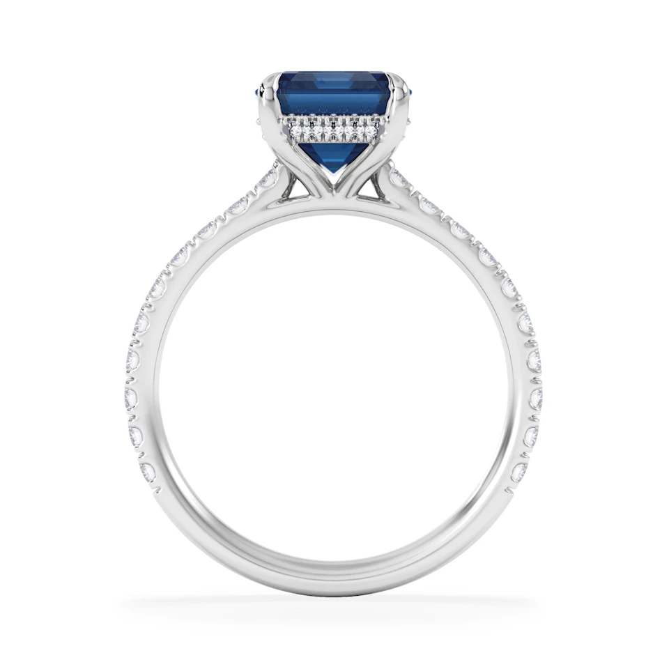 Amora Gem 2.50ct Emerald Cut Lab Sapphire Hidden Halo Engagement Ring with Side Stones in 18K White Gold