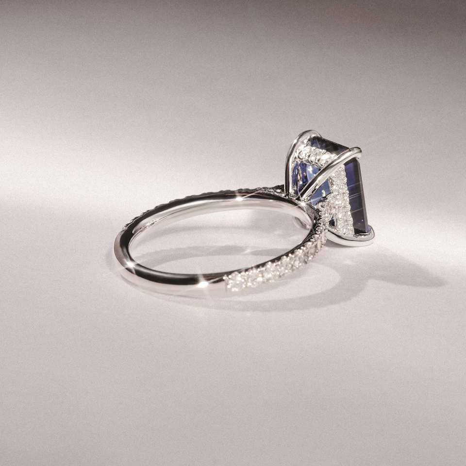 Amora Gem 2.50ct Emerald Cut Lab Sapphire Hidden Halo Engagement Ring with Side Stones in 18K White Gold