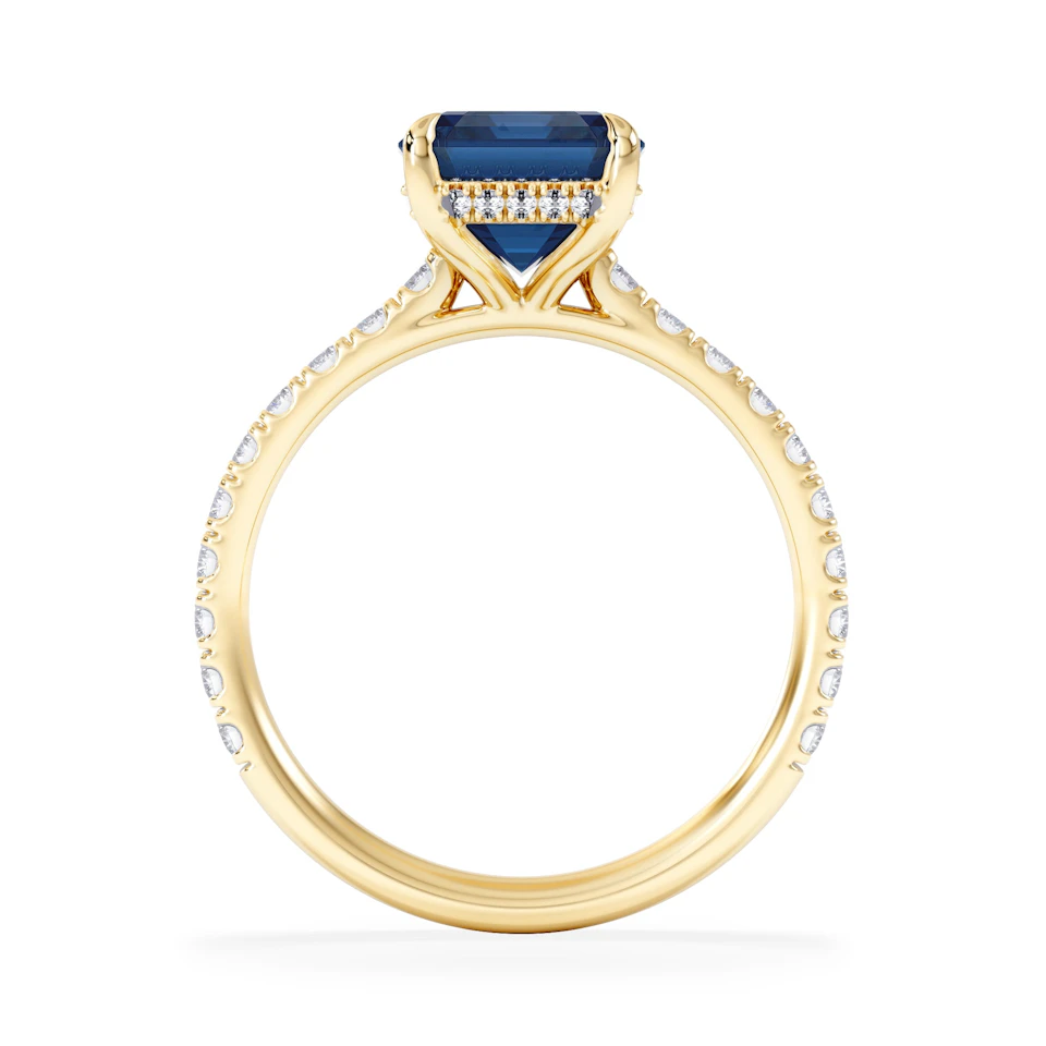 Amora Gem 2.50ct Emerald Cut Lab Sapphire Hidden Halo Engagement Ring with Side Stones in 18K Yellow Gold