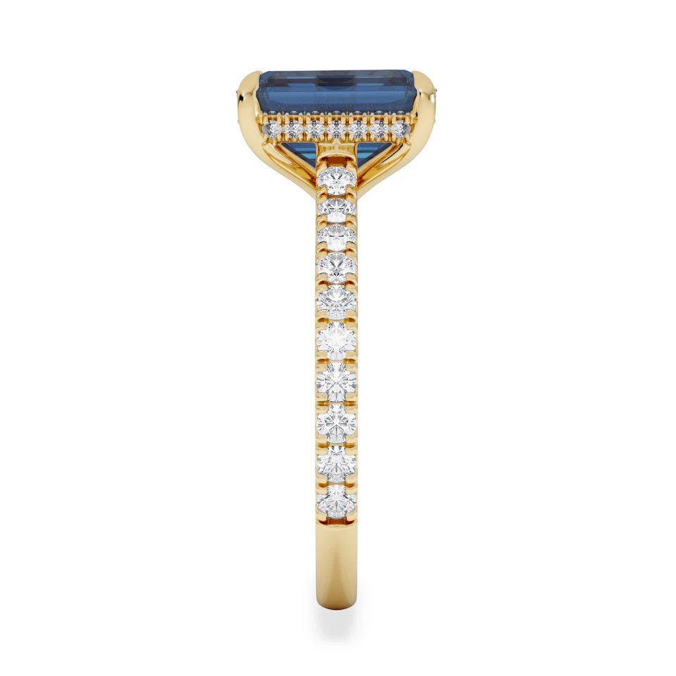 Amora Gem 2.50ct Emerald Cut Lab Sapphire Hidden Halo Engagement Ring with Side Stones in 18K Yellow Gold