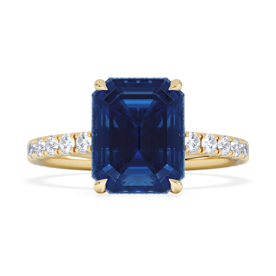 Amora Gem 2.50ct Emerald Cut Lab Sapphire Hidden Halo Engagement Ring with Side Stones in 18K Yellow Gold