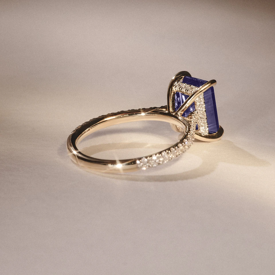 Amora Gem 2.50ct Emerald Cut Lab Sapphire Hidden Halo Engagement Ring with Side Stones in 18K Yellow Gold
