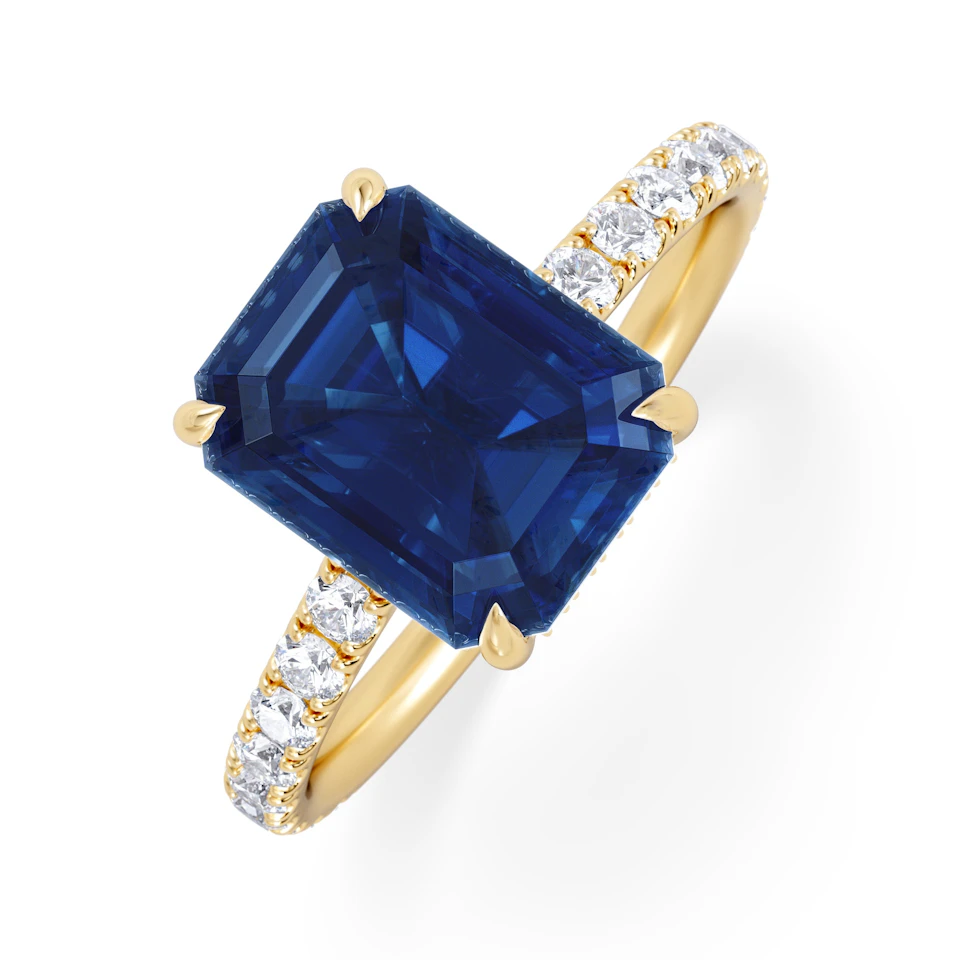 Amora Gem 2.50ct Emerald Cut Lab Sapphire Hidden Halo Engagement Ring with Side Stones in 18K Yellow Gold