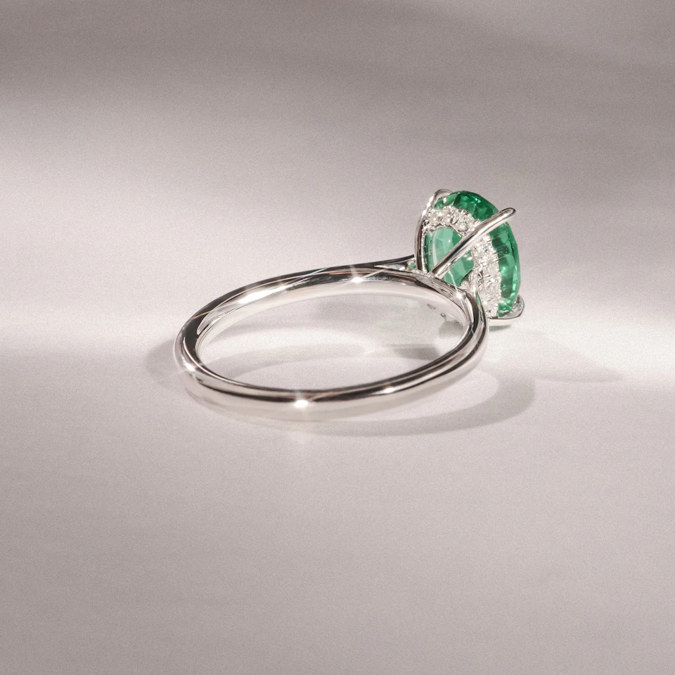 Amora Gem 2.00ct Oval Cut Lab Emerald Hidden Halo Engagement Ring in 18K White Gold