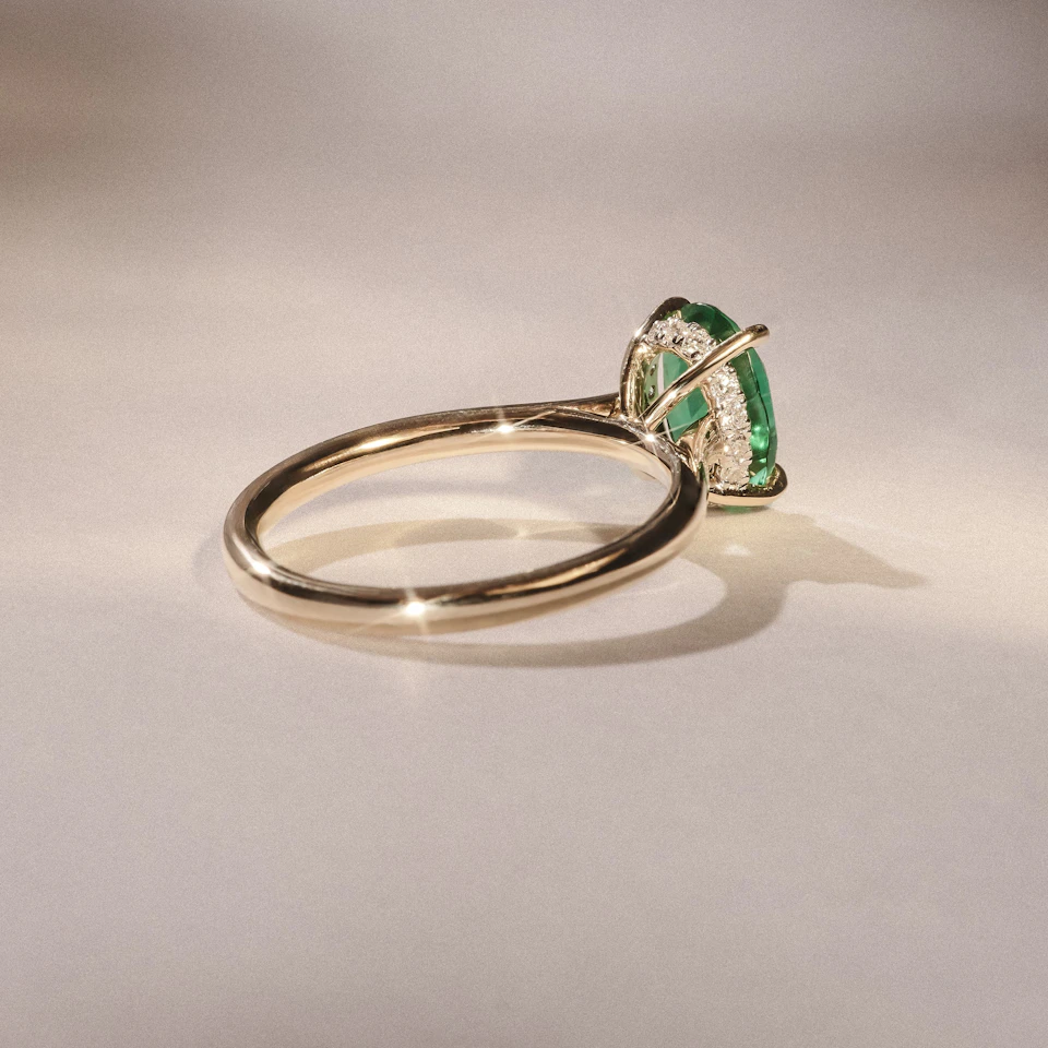 Amora Gem 2.00ct Oval Cut Lab Emerald Hidden Halo Engagement Ring in 18K Yellow Gold