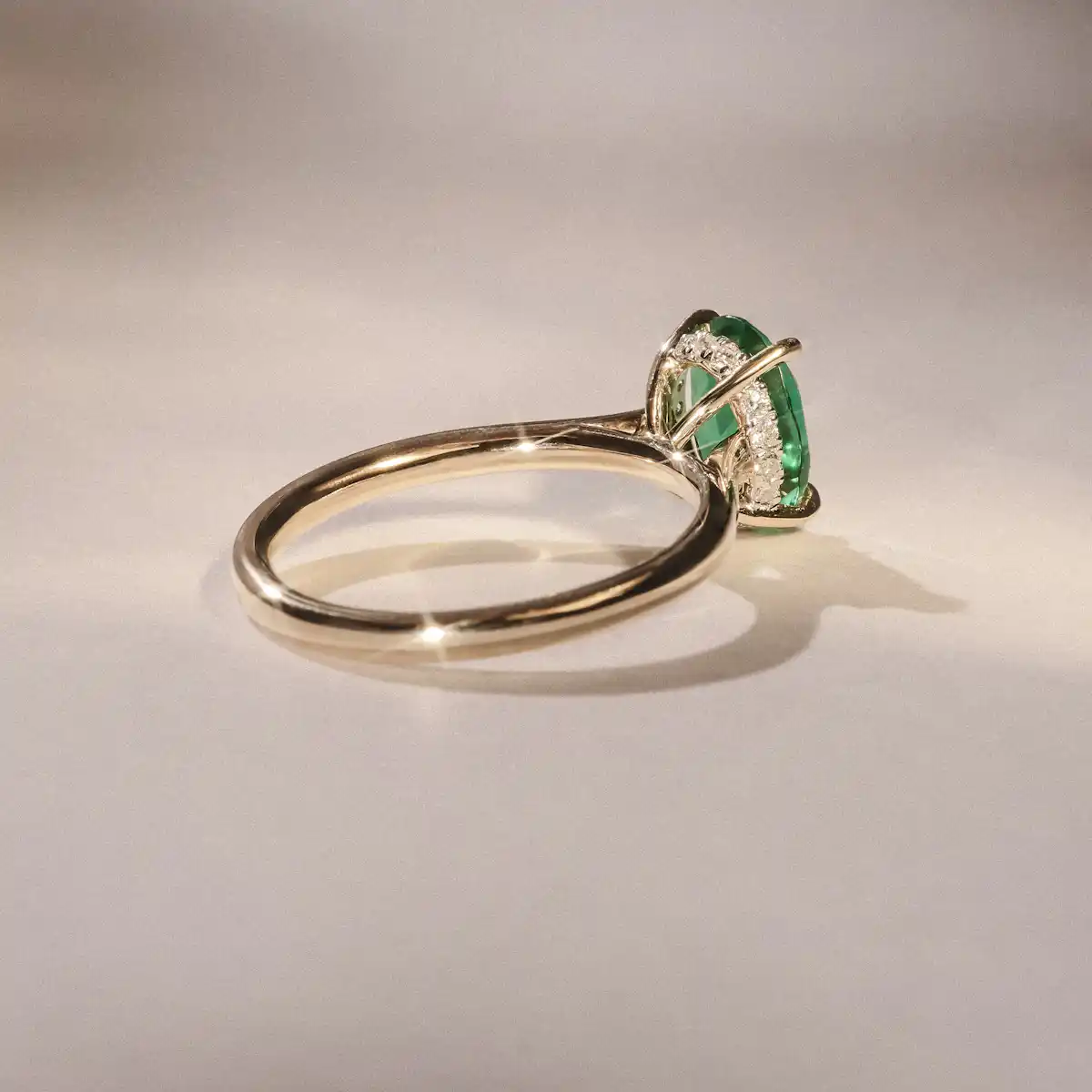 Amora Gem 2.00ct Oval Cut Lab Emerald Hidden Halo Engagement Ring in 18K Yellow Gold