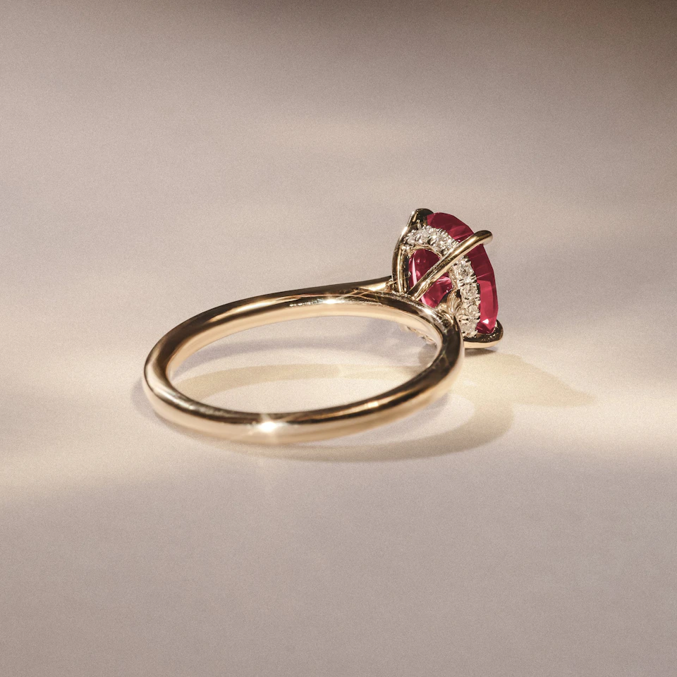 Amora Gem 2.00ct Oval Cut Lab Ruby Hidden Halo Engagement Ring in 18K Yellow Gold