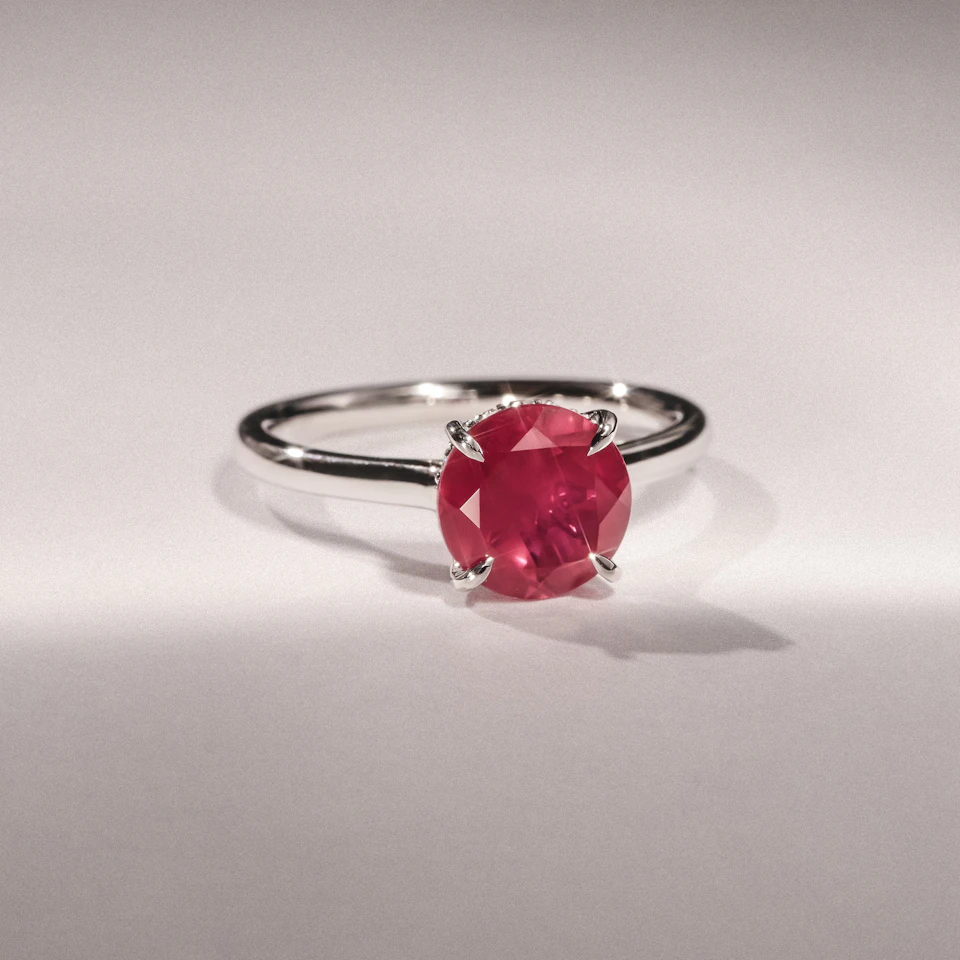 Amora Gem 2.00ct Round Cut Lab Ruby Hidden Halo Engagement Ring in 18K White Gold