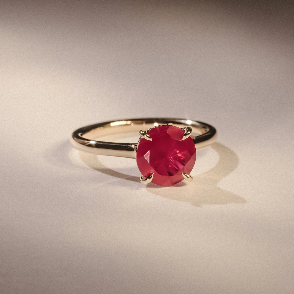 Amora Gem 2.00ct Round Cut Lab Ruby Hidden Halo Engagement Ring in 18K Yellow Gold