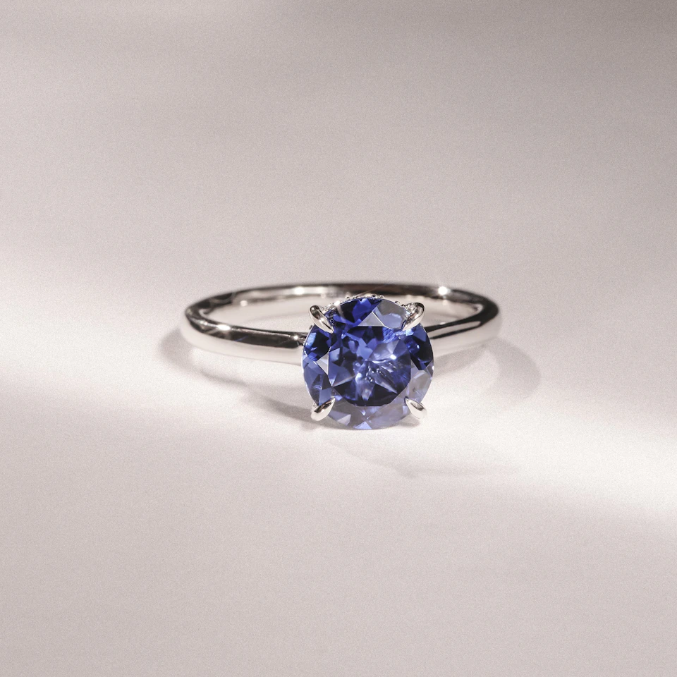 Amora Gem 2.00ct Round Cut Lab Sapphire Hidden Halo Engagement Ring in 18K White Gold