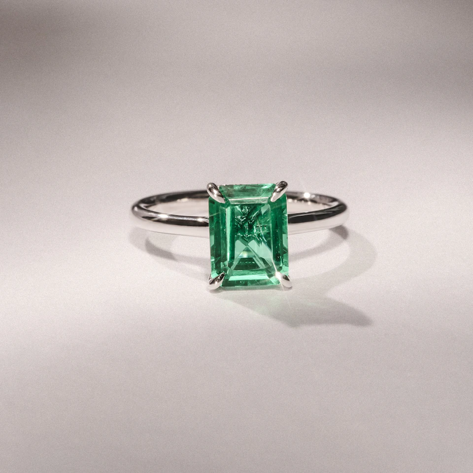 Amora Gem 2.50ct Emerald Cut Lab Hidden Halo Emerald Engagement Ring in 18K White Gold