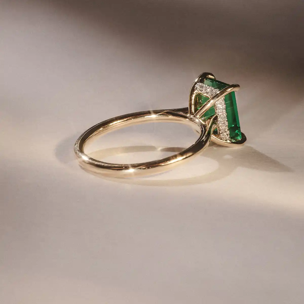 Amora Gem 2.00ct Emerald Cut Lab Emerald Hidden Halo Engagement Ring in 18K Yellow Gold