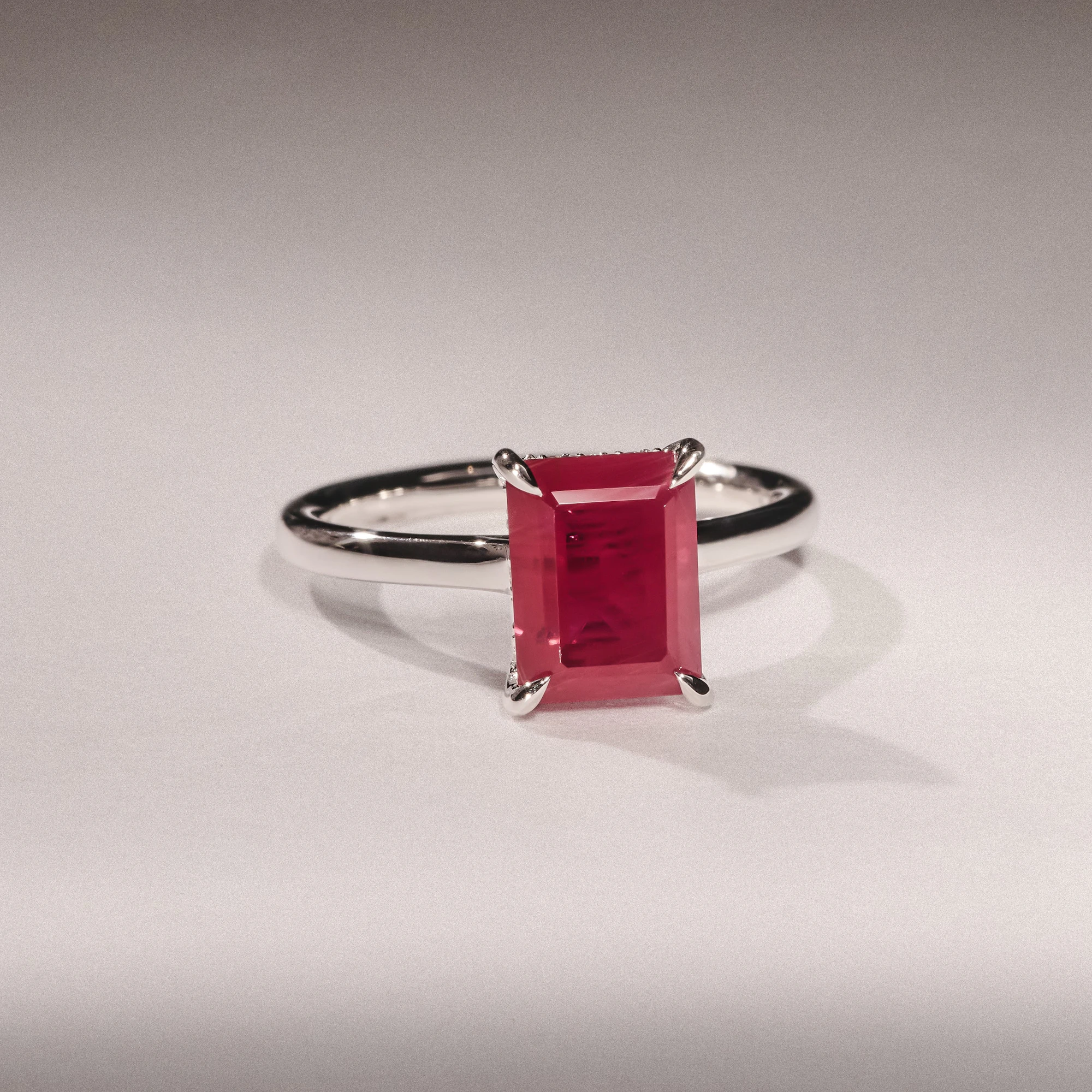 Amora Gem 2.50ct Emerald Cut Lab Ruby Hidden Halo Engagement Ring in 18K White Gold