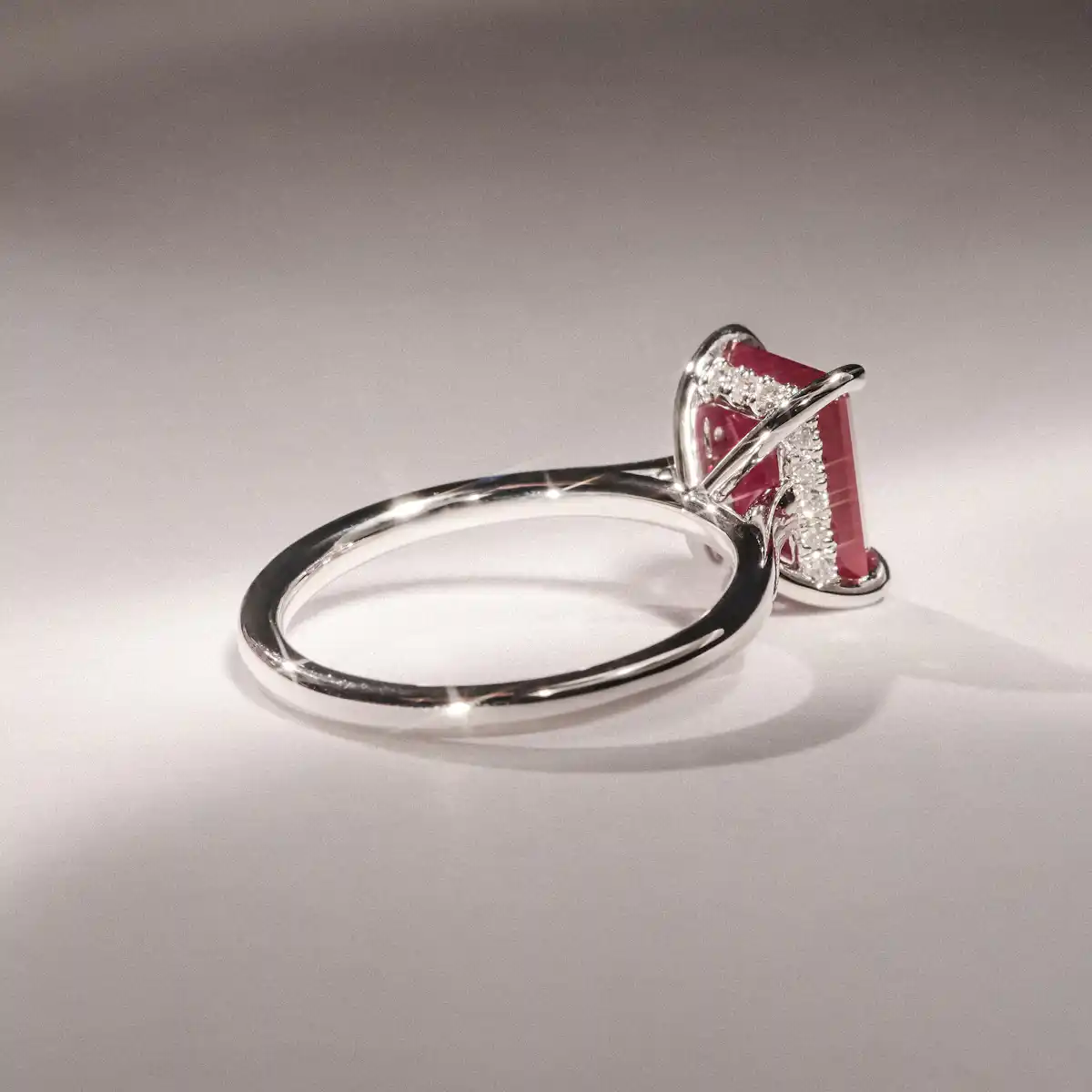 Amora Gem 2.50ct Emerald Cut Lab Ruby Hidden Halo Engagement Ring in 18K White Gold