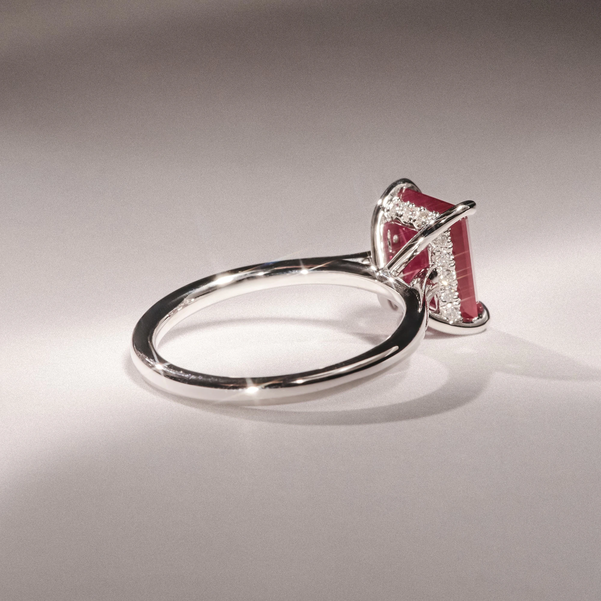 Amora Gem 2.50ct Emerald Cut Lab Ruby Hidden Halo Engagement Ring in 18K White Gold