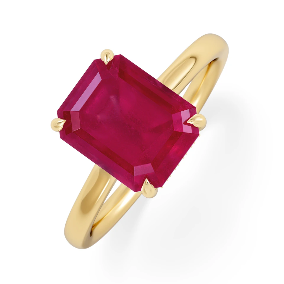 Amora Gem 2.50ct Emerald Cut Lab Ruby Hidden Halo Engagement Ring in 18K Yellow Gold