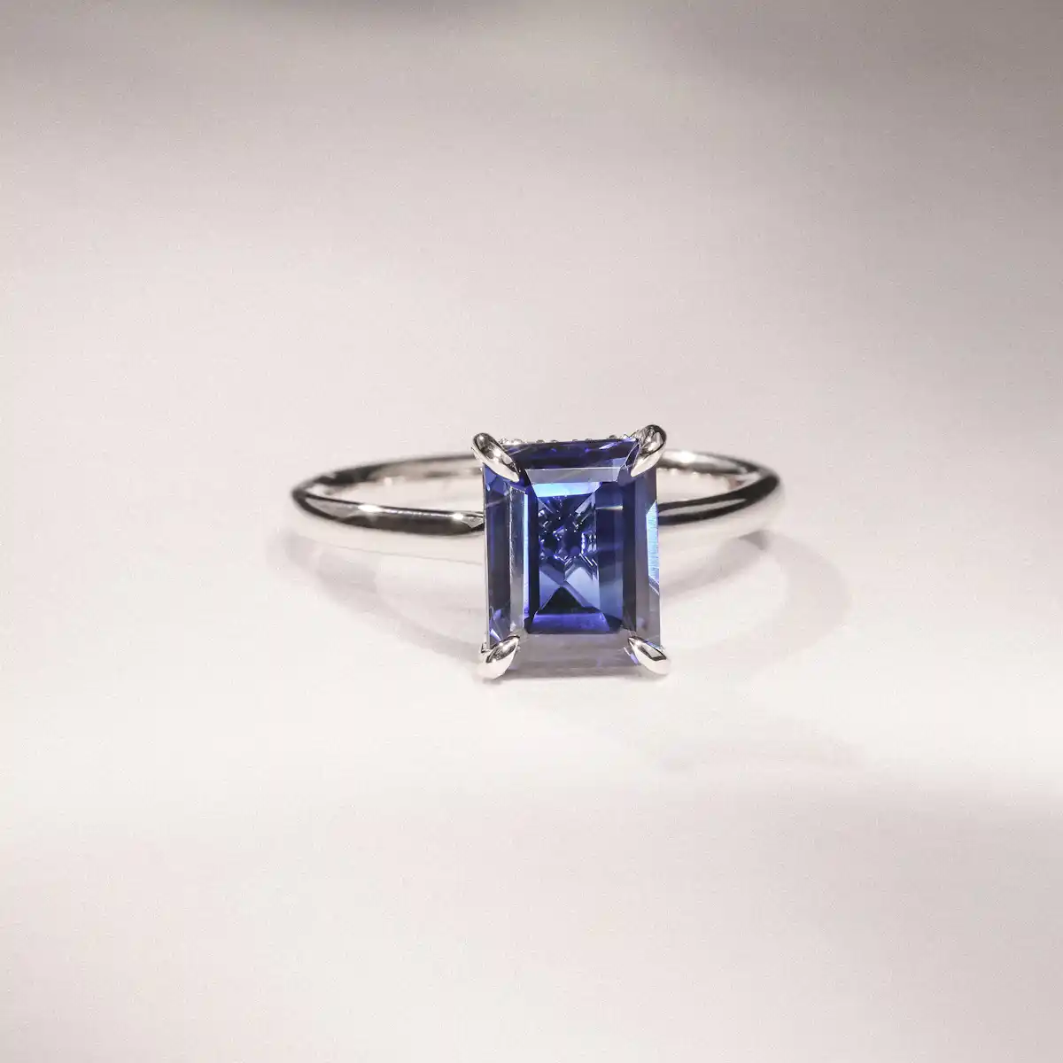 Amora Gem 2.50ct Emerald Cut Lab Sapphire Hidden Halo Engagement Ring in 18K White Gold