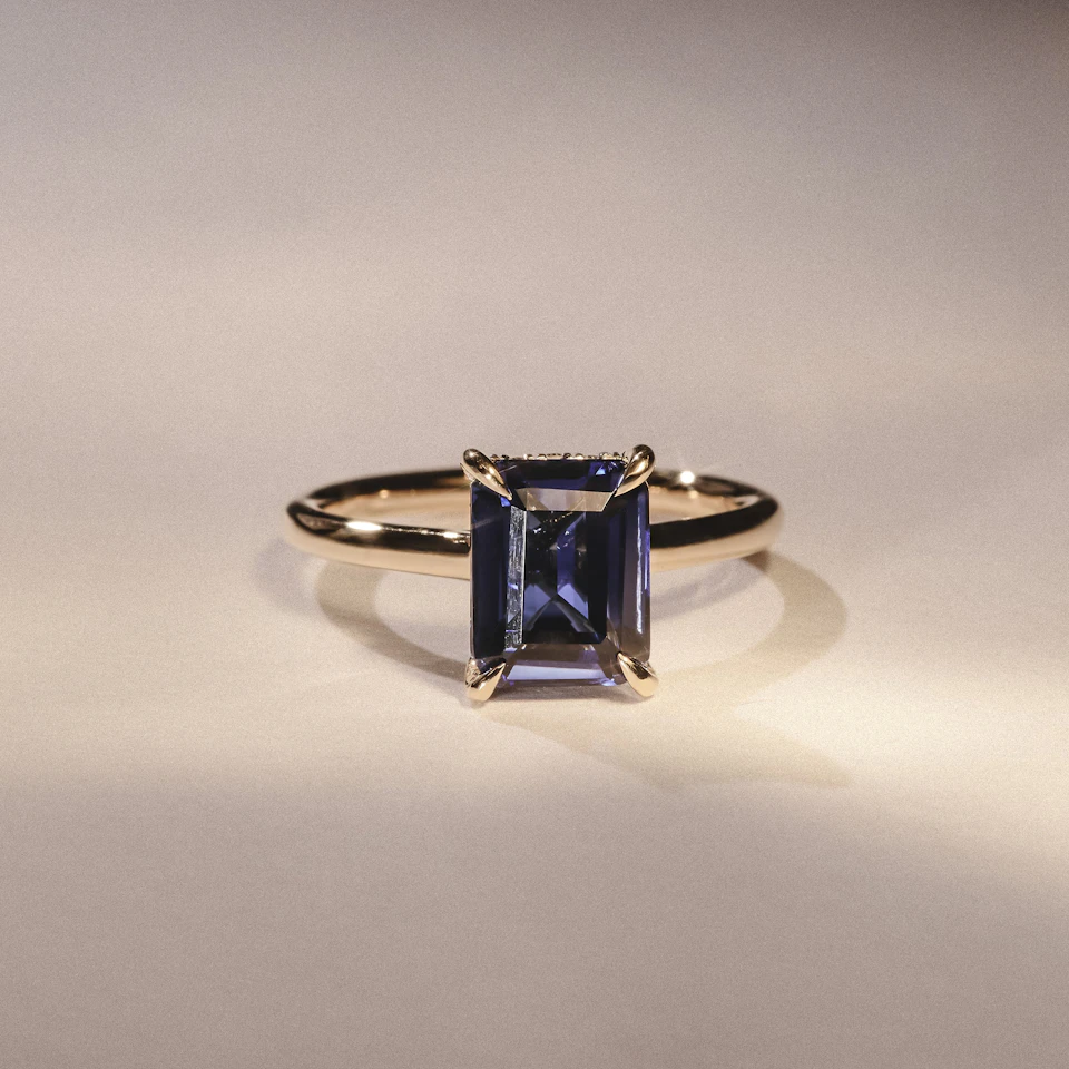 Amora Gem 2.50ct Emerald Cut Lab Sapphire Hidden Halo Engagement Ring in 18K Yellow Gold