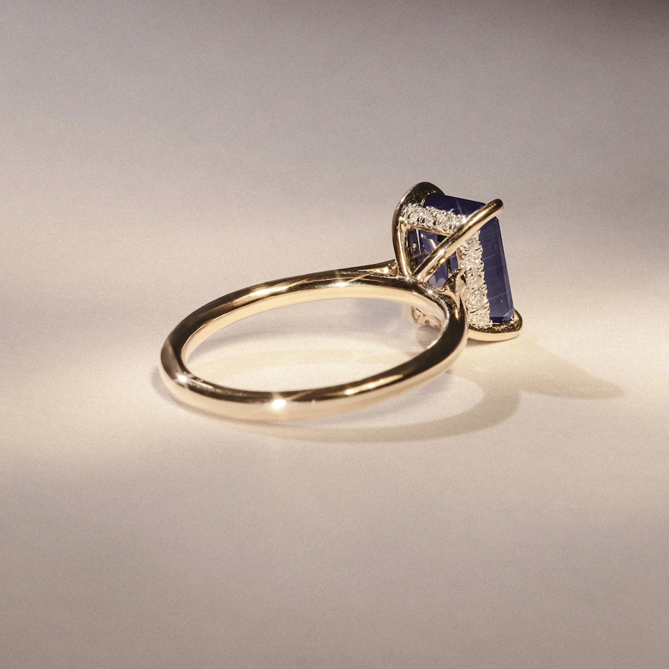 Amora Gem 2.50ct Emerald Cut Lab Sapphire Hidden Halo Engagement Ring in 18K Yellow Gold