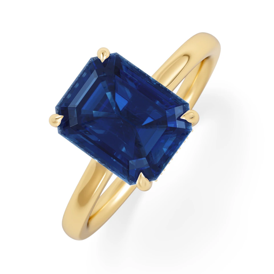 Amora Gem 2.50ct Emerald Cut Lab Sapphire Hidden Halo Engagement Ring in 18K Yellow Gold