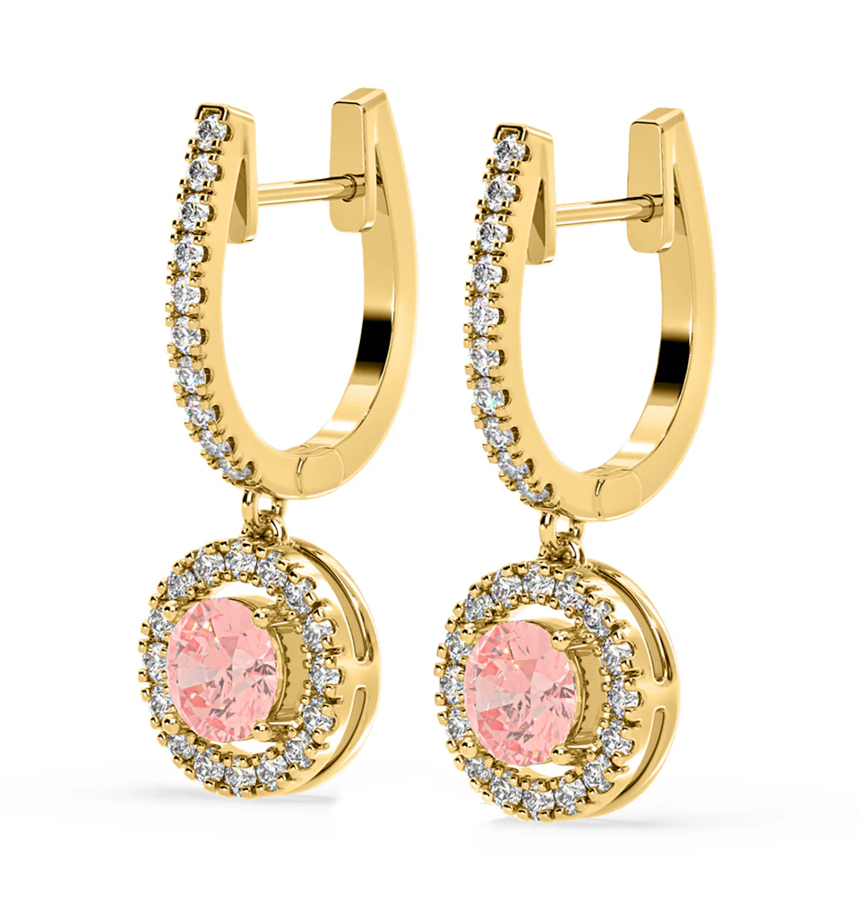 Ella Pink Lab Diamond 2.60ct Halo Drop Earrings in 18K Yellow Gold - Elara Collection