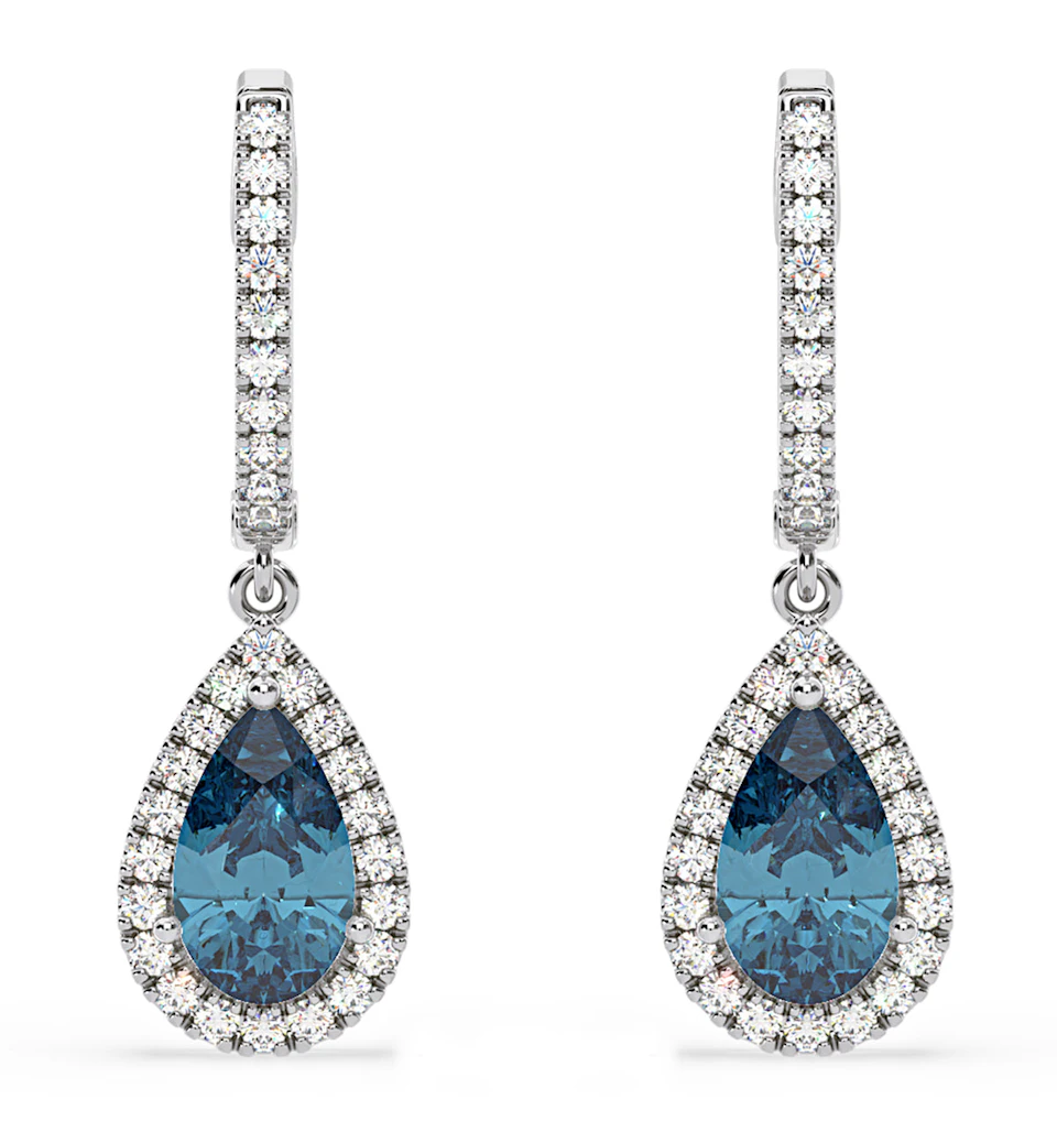 Diana Blue Lab Diamond 2.60ct Pear Halo Drop Earrings in 18K White Gold - Elara Collection