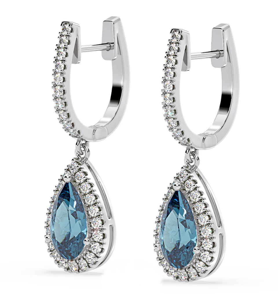 Diana Blue Lab Diamond 2.60ct Pear Halo Drop Earrings in 18K White Gold - Elara Collection