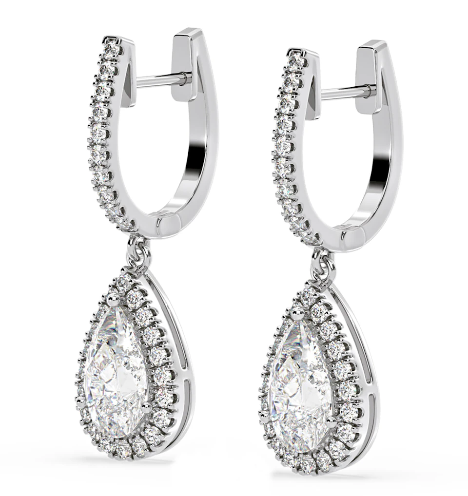 Diana Pear Lab Diamond Halo Drop Earrings 2.60ct in 18K White Gold F/VS1