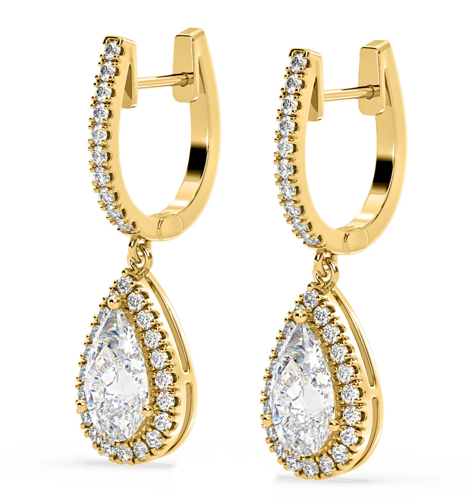 Diana Pear Lab Diamond Halo Drop Earrings 2.60ct in 18K Yellow Gold F/VS1